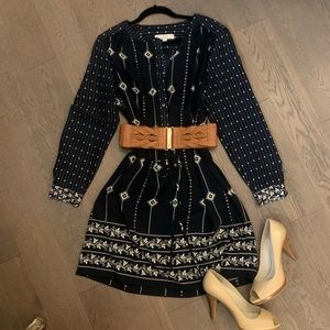 Sold on cross post. LOFT navy peasant mini dress